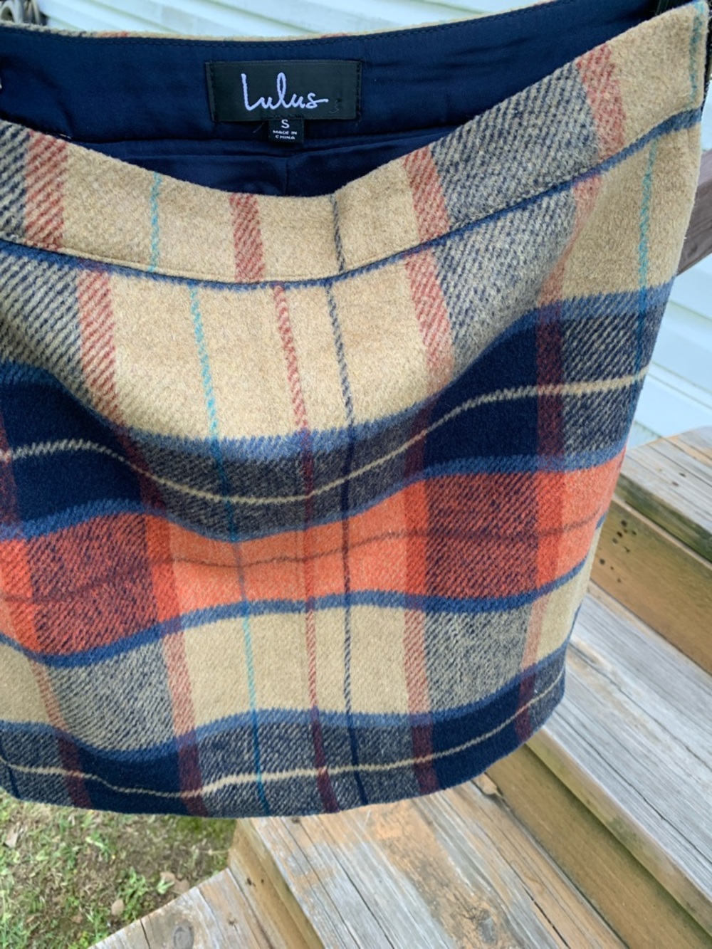 Lulu's Plaid Wool Blend Mini Skirt in Tan, Orange and Navy Size S